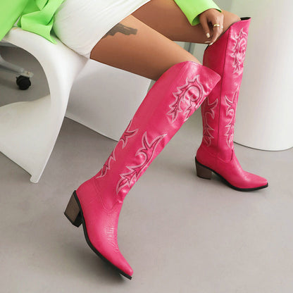 Pointy Wedge Heel Shark Buckle Knee High Boots For Women Stylish Cowboy Leather Lock Embellishment Winter High Heel Long Boots