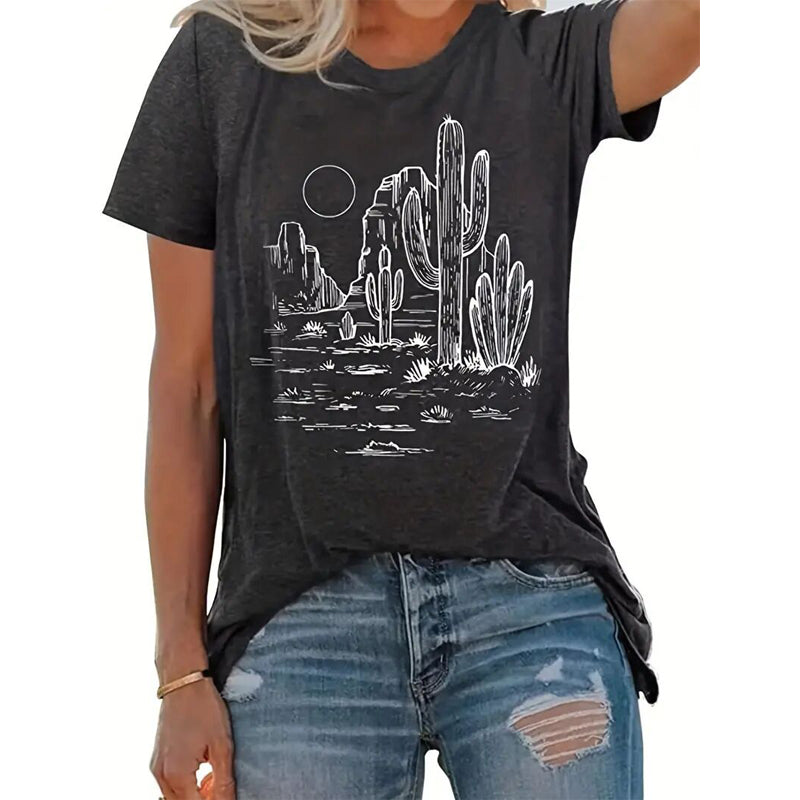 Western Cowgirl Desert Cactus Graphic Women T Shirts