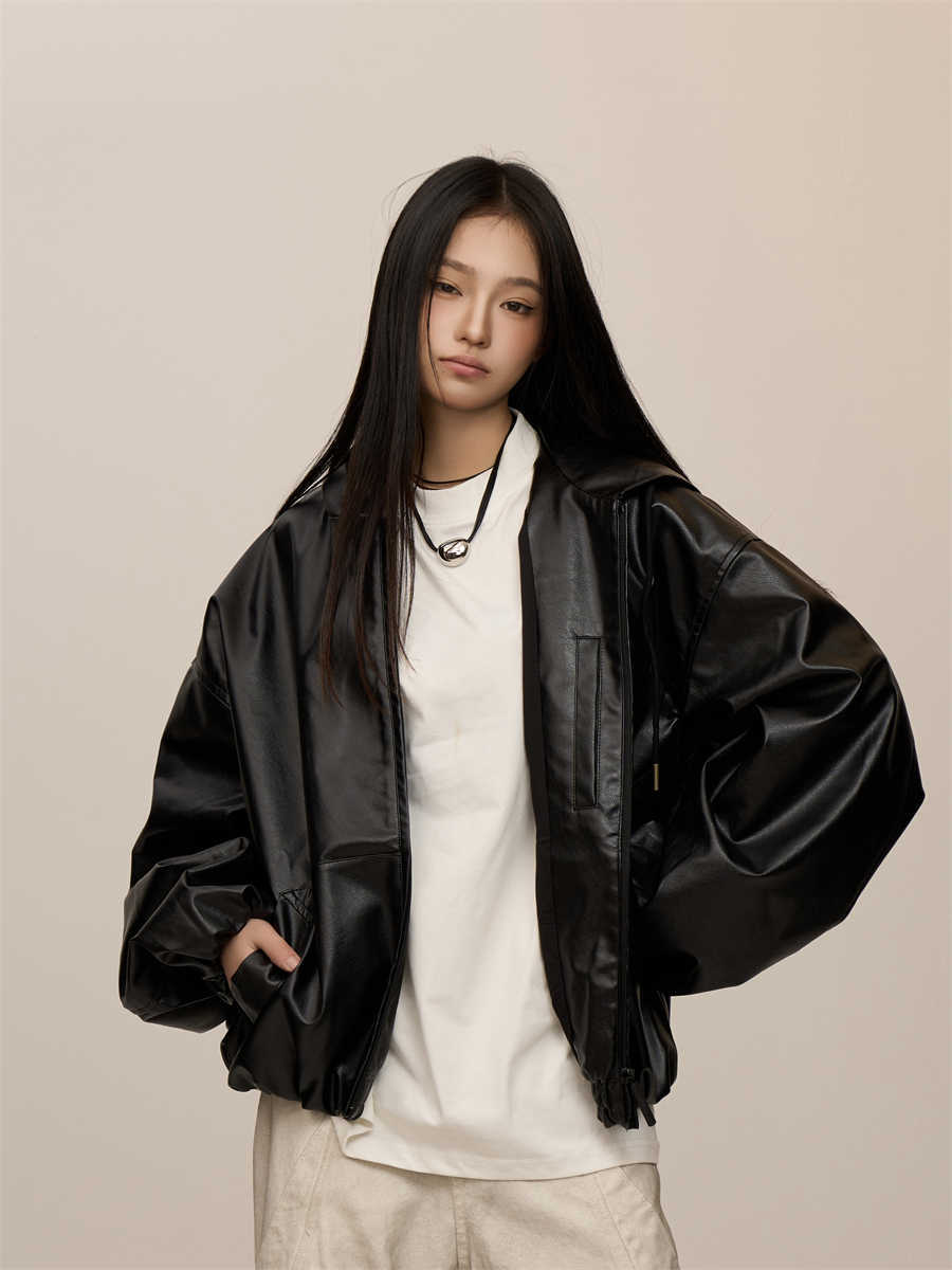 Womens Winter Loose Black Leather Coats
