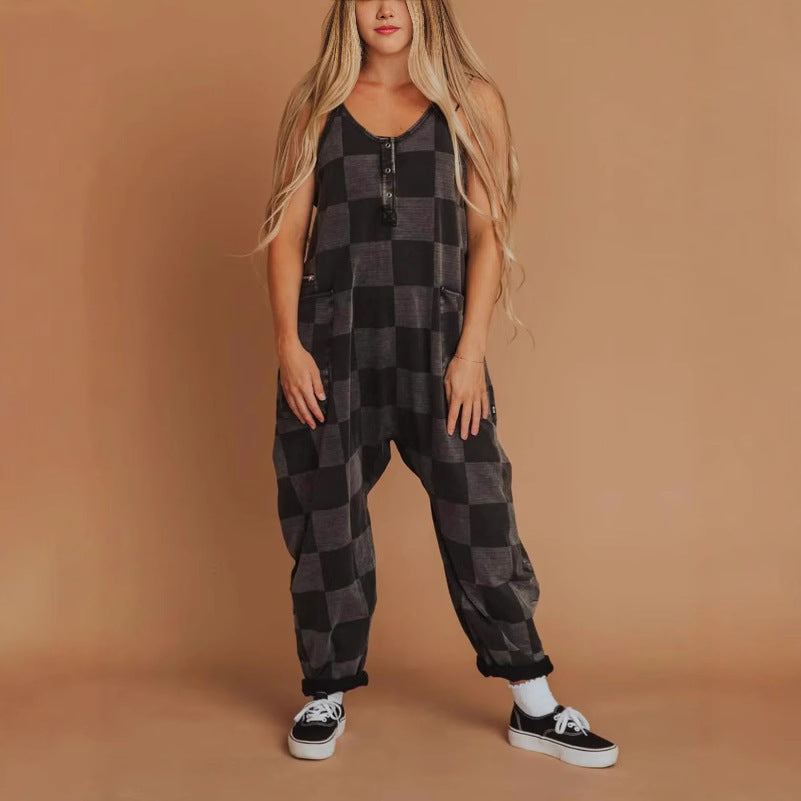 Women Fashion Plaid Jumpsuit Romper