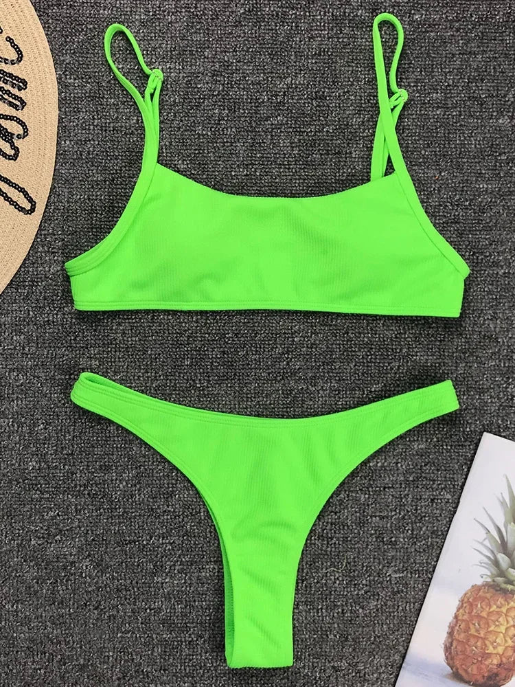 Neon Green Ribbed Scoop Neck Bikini Aesthetic