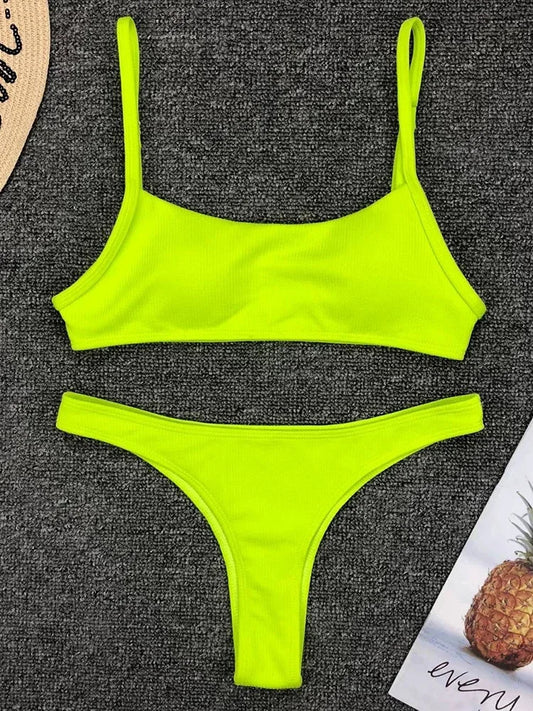 Neon Green Ribbed Scoop Neck Bikini Aesthetic
