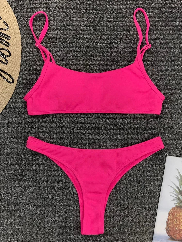 Neon Green Ribbed Scoop Neck Bikini Aesthetic