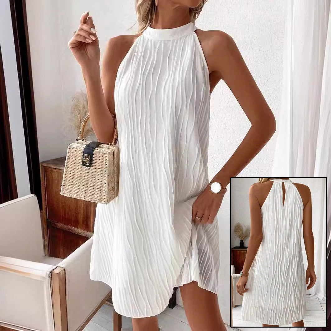 White Halter Backless Dress | Mid-Length Summer Dress & Elegant Vacation Outfit
