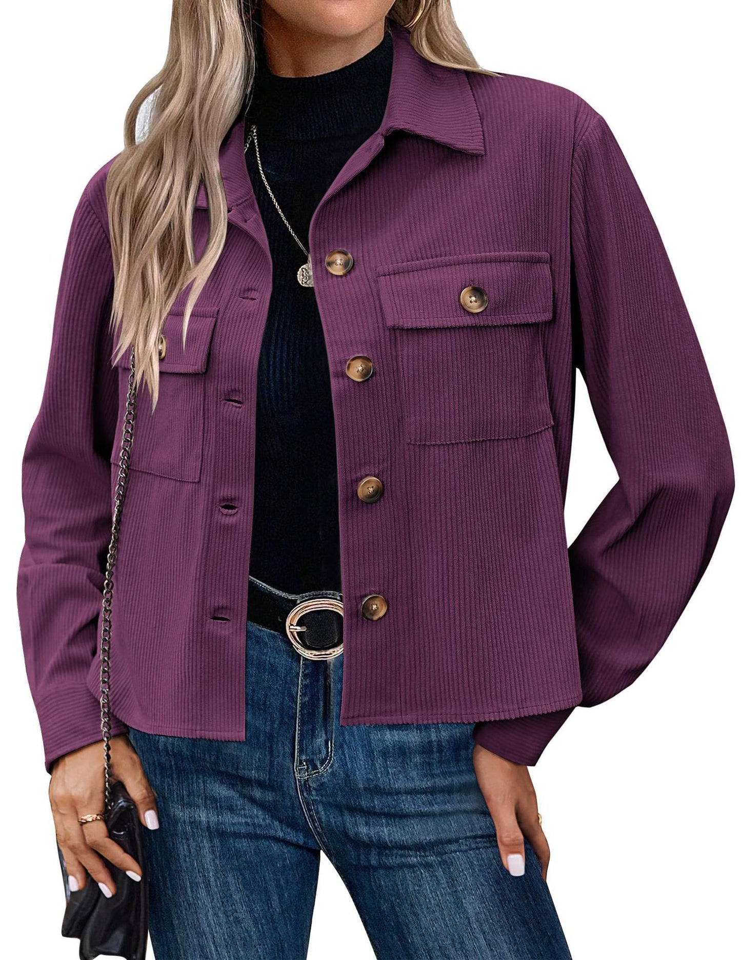 Women’s Corduroy Button Cropped Jacket – Long Sleeve Polyester Coats & Jackets 2025