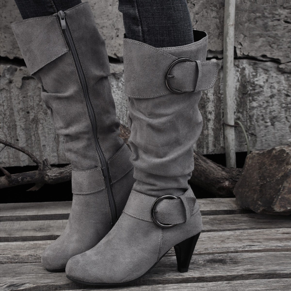 High Tube Below-the-Knee Boots for Women | British Style Suede Boots with Short Thick Heel