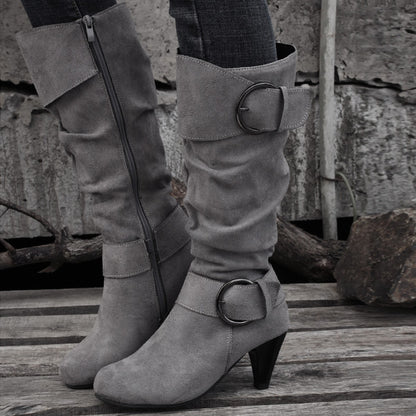 High Tube Below-the-Knee Boots for Women | British Style Suede Boots with Short Thick Heel