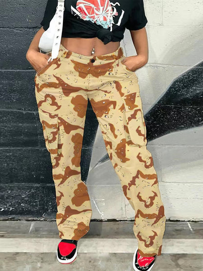 Casual High Waist Straight Leg Camouflage Pants For Women