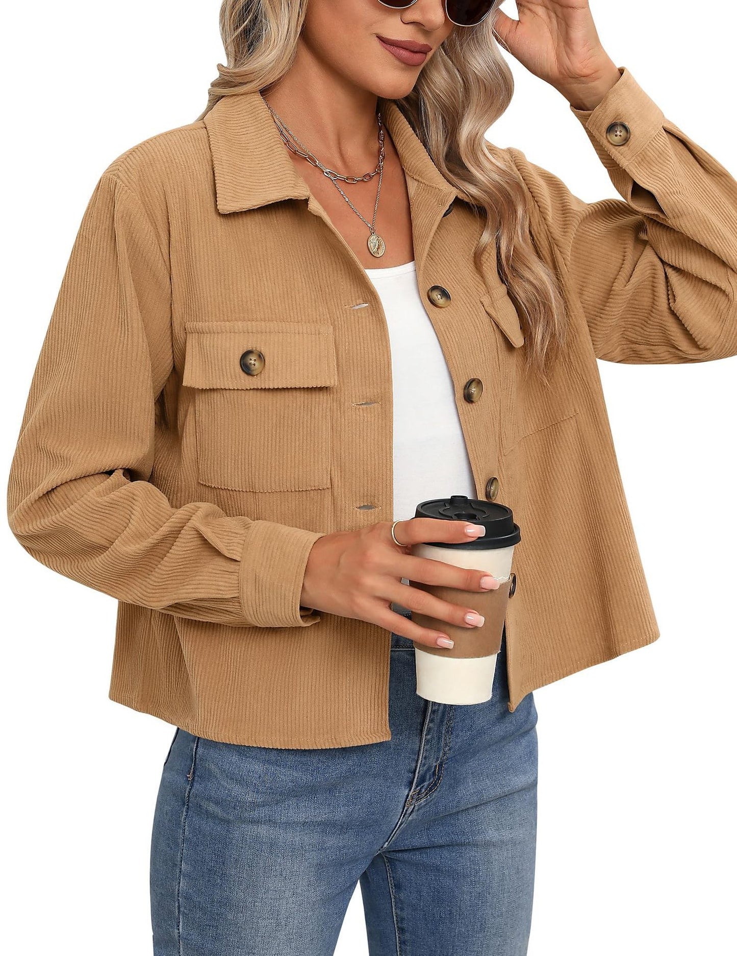 Women’s Corduroy Button Cropped Jacket – Long Sleeve Polyester Coats & Jackets 2025
