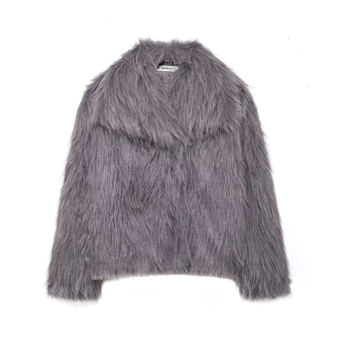 Elegant Women Collarless Thick Faux Fur Coats
