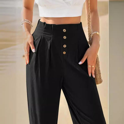 Women’s Casual High Waist Cotton-Linen Trousers – Breathable Straight-Leg Pants