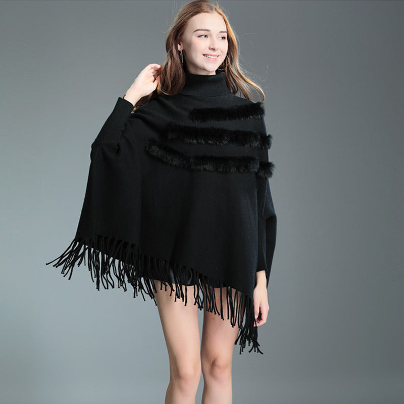 Bat Sleeve Turtleneck Knit Sweater Coat – Tassel Street Style Pullover for Women