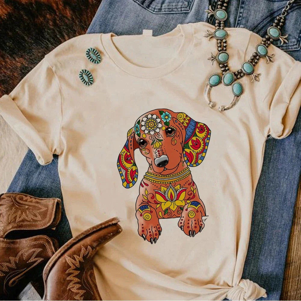 Women’s Oversized Puppy Print T-Shirt – Casual Dog Graphic Loose Fit Tee