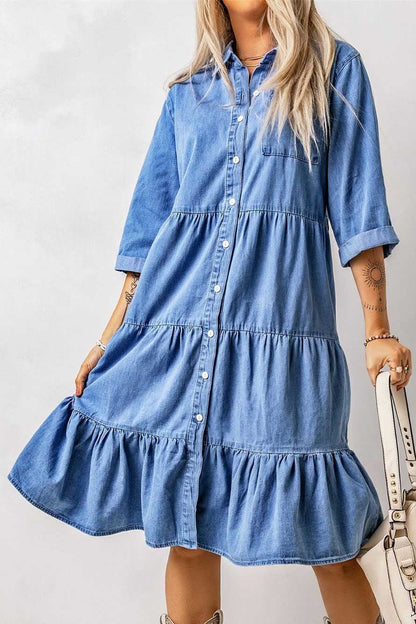 Women Single Breasted Streetwear Denim Midi Dress