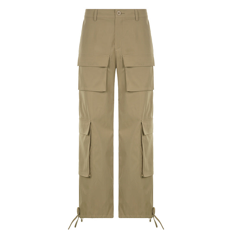 High Waist Cargo Pants Solid Color With Pocket And Button Details