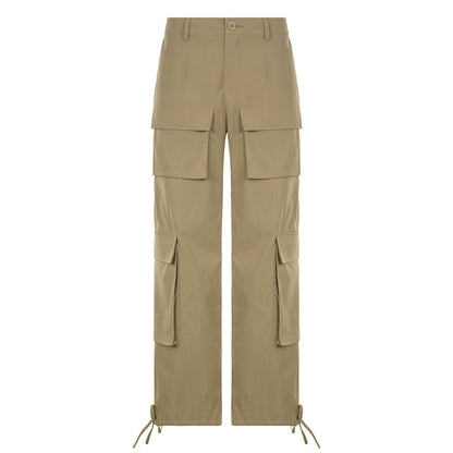High Waist Cargo Pants Solid Color With Pocket And Button Details
