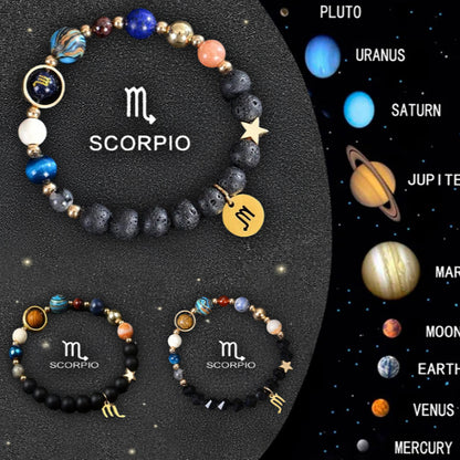 Scorpio zodiac bracelet with celestial elements on a space-themed background