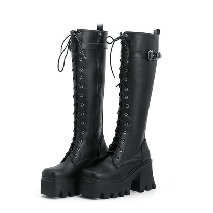 British-Style High PU Leather Knight Boots for Women | Square Toe High Heel Winter Boots