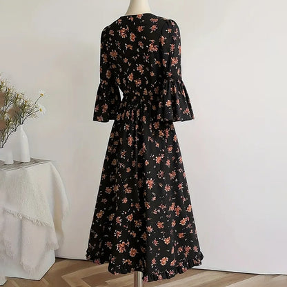 Summer Spring Style Women Floral Pleated A Line Long Dress