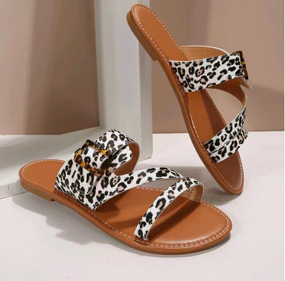 New Open Toe Leopard Print Flat Slippers For Women