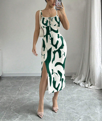 Summer Printed Suspender Split Dress | Flowy Long Dress for Vacations & Casual Outfits