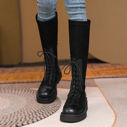 Thick-Soled Lace-Up Knight Boots for Women | PU Leather Knee-Length Autumn & Winter Boots