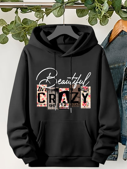 Plus Size CRAZY Print Hoodie – Women’s Casual Pullover Sweatshirt with Kangaroo Pocket for Fall/Winter