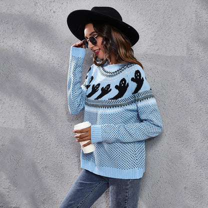 Halloween Cartoon Ghost Polka Dot Pullover Sweater for Women