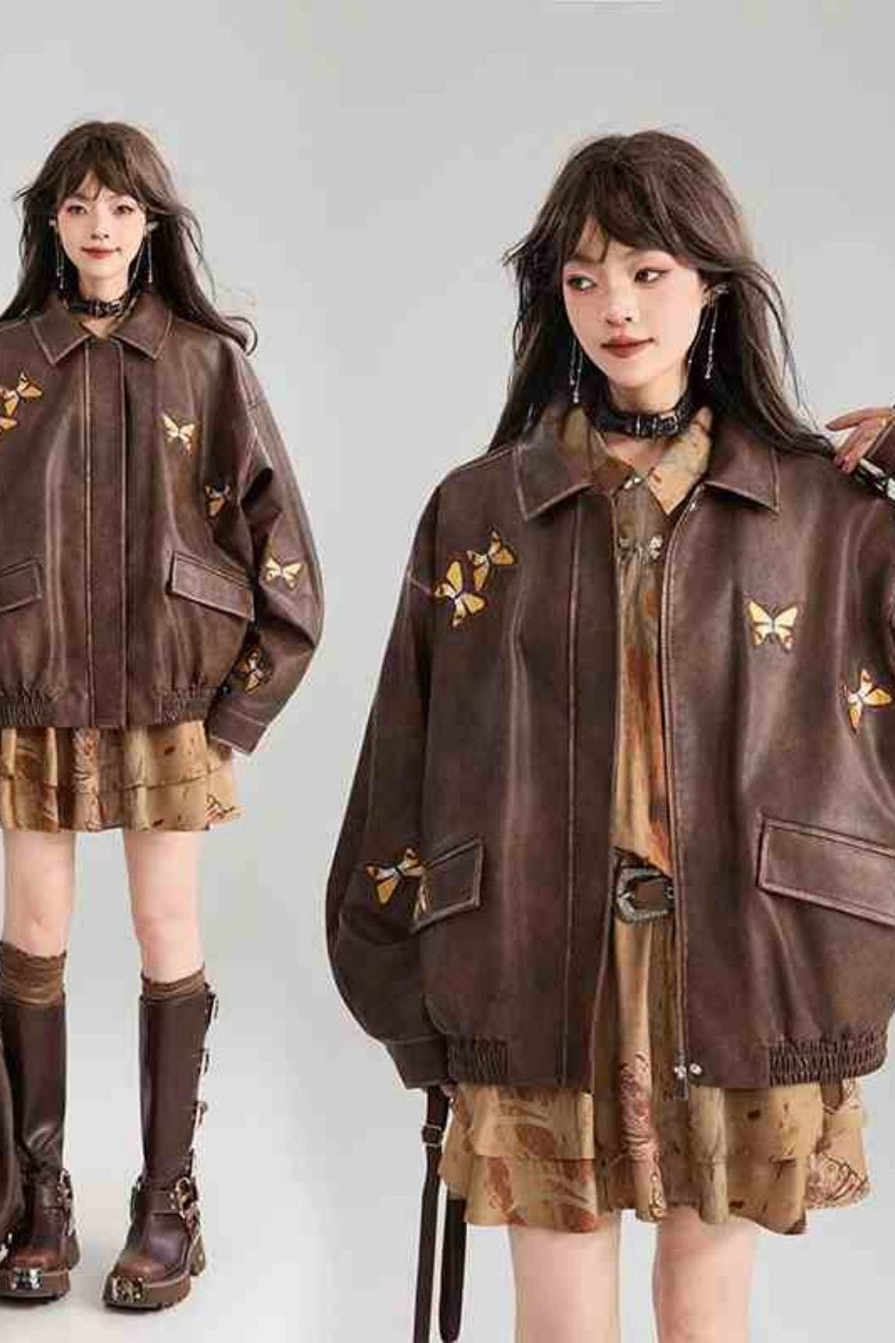 Two identical images of a person wearing a brown jacket with butterfly patterns on a plain background.