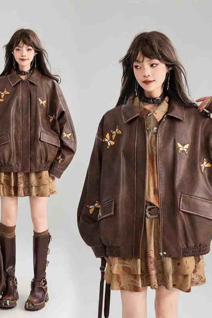 Two identical images of a person wearing a brown jacket with butterfly patterns on a plain background.