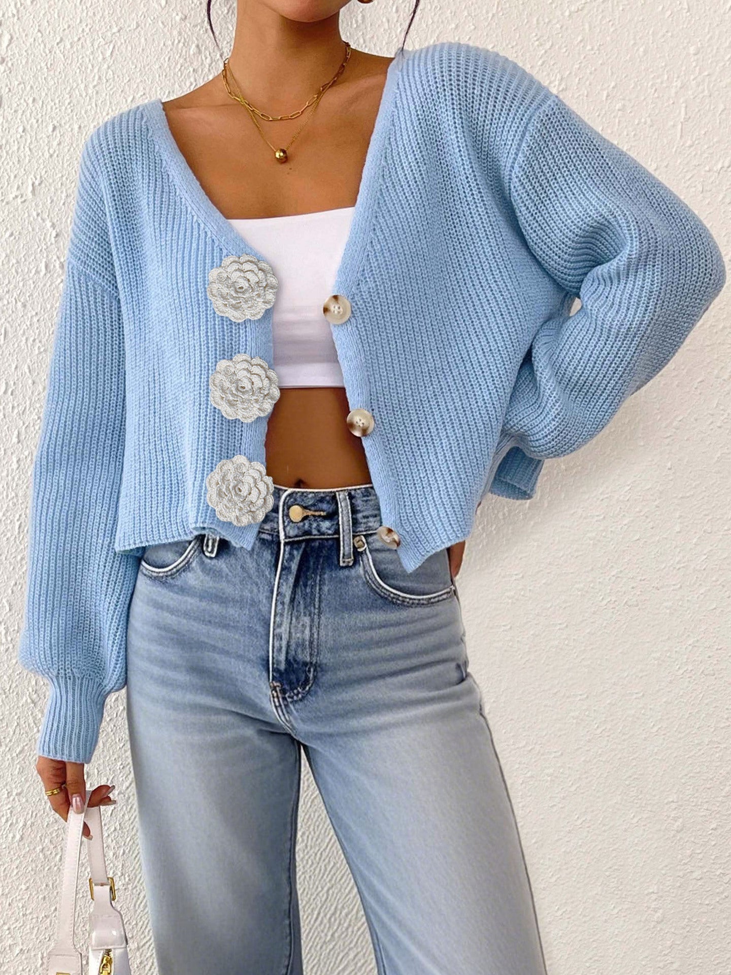 Women’s Knitted Crochet Cardigan – Decorative Button Short Coat with 3D Flower Stitching