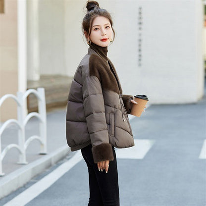 Women Cotton Padded Down Fur Hooded Edge Warm Parka