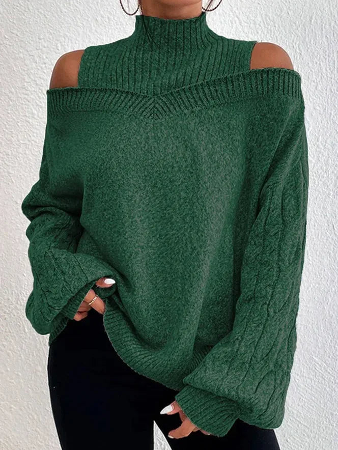 Off-Shoulder High Neck Sweater – European & American Style, Loose Fit Long Sleeve Knit Cardigan for Autumn & Winter