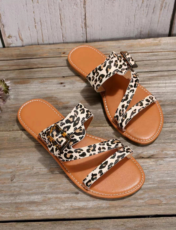 New Open Toe Leopard Print Flat Slippers For Women