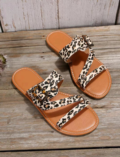 New Open Toe Leopard Print Flat Slippers For Women