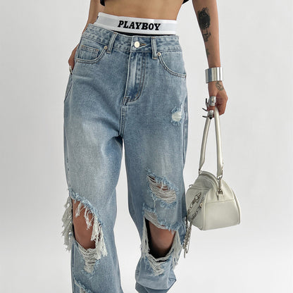Light Blue Knee Ripped Full Length Women Jeans