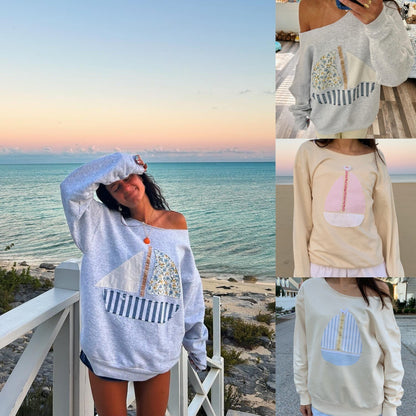 Off-Shoulder Sailboat Pullover – Two-Way Casual Sweater for Women