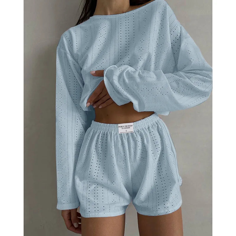 Women's Summer Pajama Set – Hollow Out Long Sleeve Top & Shorts, Lightweight Sleepwear & Homewear