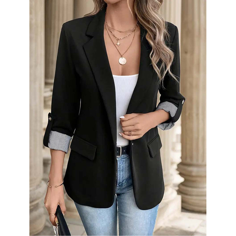 Striped V Neck Blazer Casual Office Fashion For 2024 Autumn With Pockets