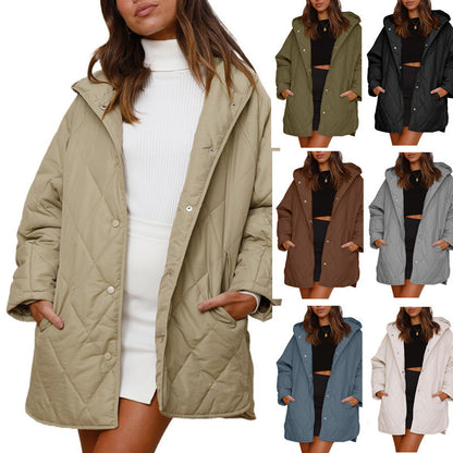 Women’s Diamond Quilted Hooded Jacket – Loose Fit Casual Coats & Jackets Japanese Korean Style