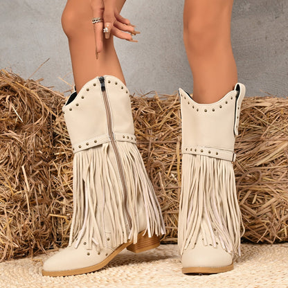 Retro Ethnic Western Cowboy Style Round Toe Block Heel Tassel Boots