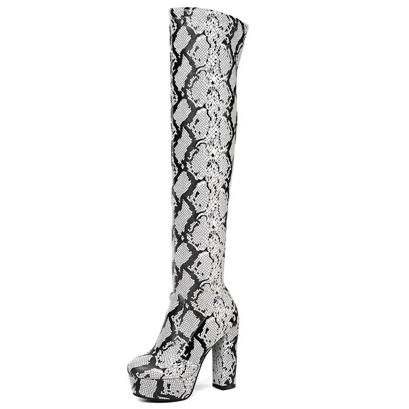 Platform Over-the-Knee Boots for Women | Thick Heel Snake Print Statement Boots