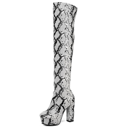 Platform Over-the-Knee Boots for Women | Thick Heel Snake Print Statement Boots