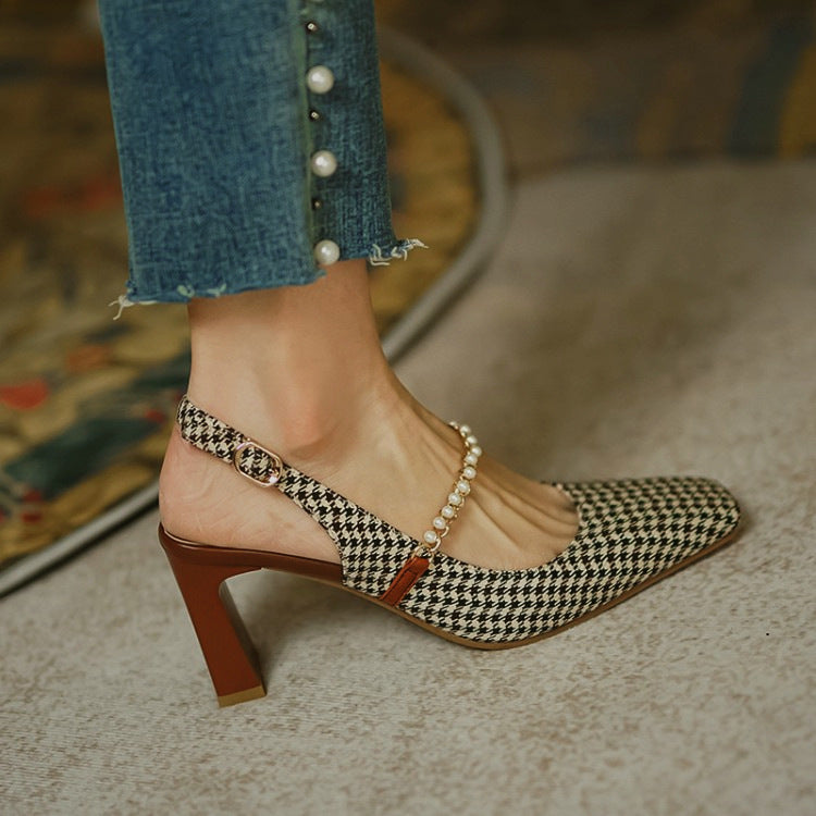 Elegant Summer Style Women Pearl Design Square Toe Pumps Shoes