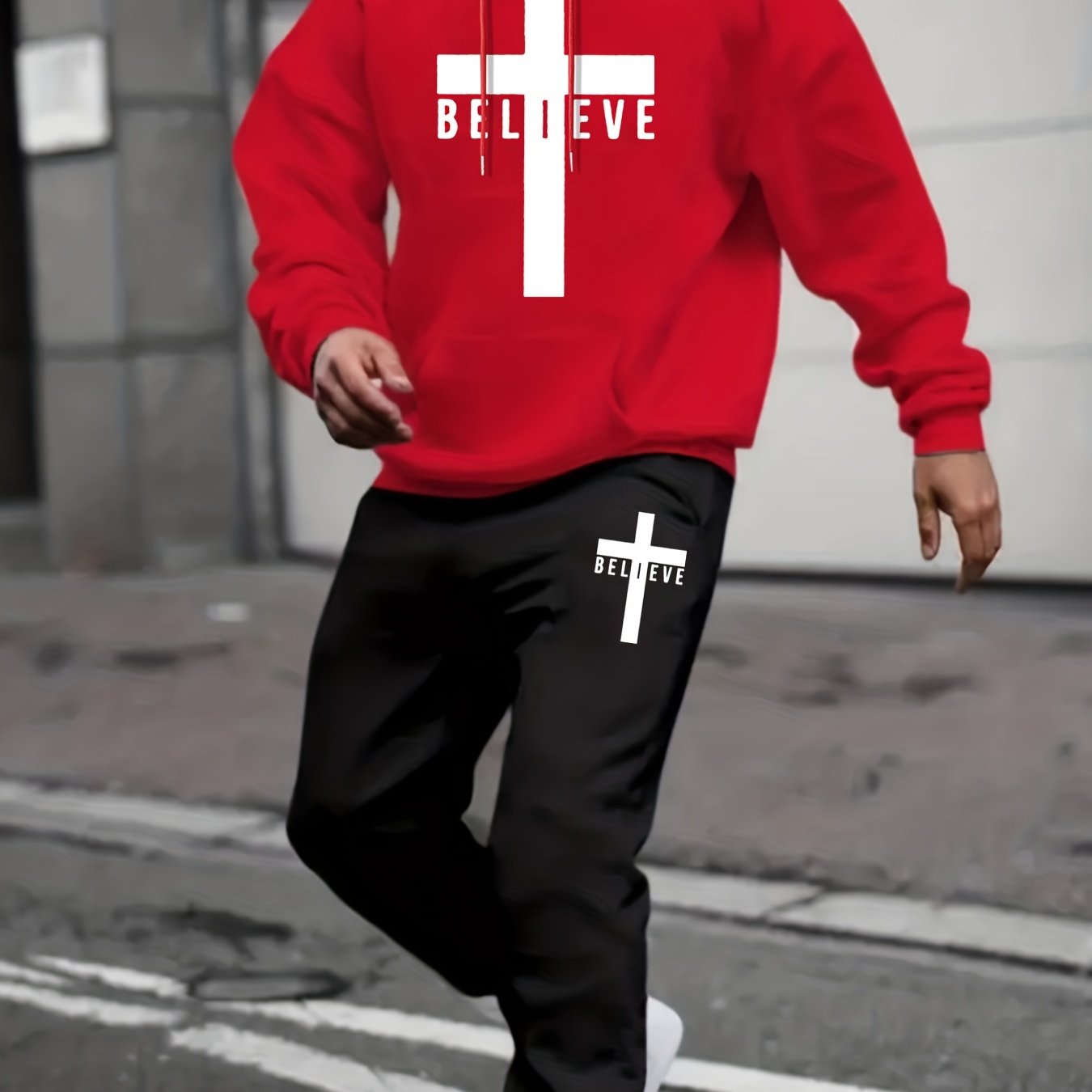 Men’s BELIEVE Cross Print Hoodie & Sweatpants Set – Casual 2-Piece Tracksuit for Fall/Winter Streetwear