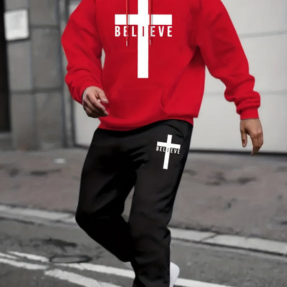Men’s BELIEVE Cross Print Hoodie & Sweatpants Set – Casual 2-Piece Tracksuit for Fall/Winter Streetwear