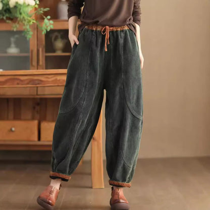 Loose Stitching & Brushed Warm Corduroy Trousers – Full-Length Winter Pants