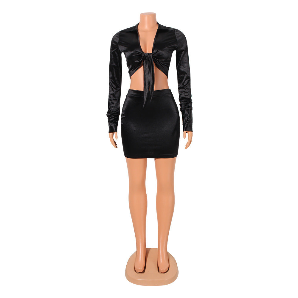 Elegant Two-Piece Skirt Set for Women – Satin Long Sleeve Outfit for Officewear & Autumn Style