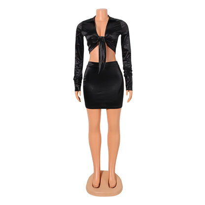 Elegant Two-Piece Skirt Set for Women – Satin Long Sleeve Outfit for Officewear & Autumn Style