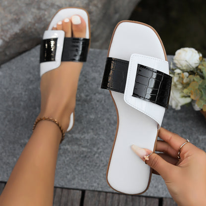 Designer Square Buckle Elegant Flat Slippers For Women